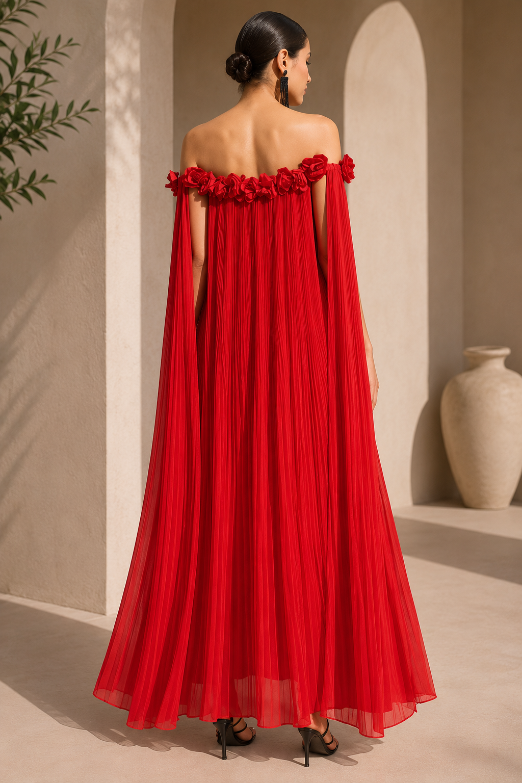 AA 0112C Pleated Cape Maxi Dress