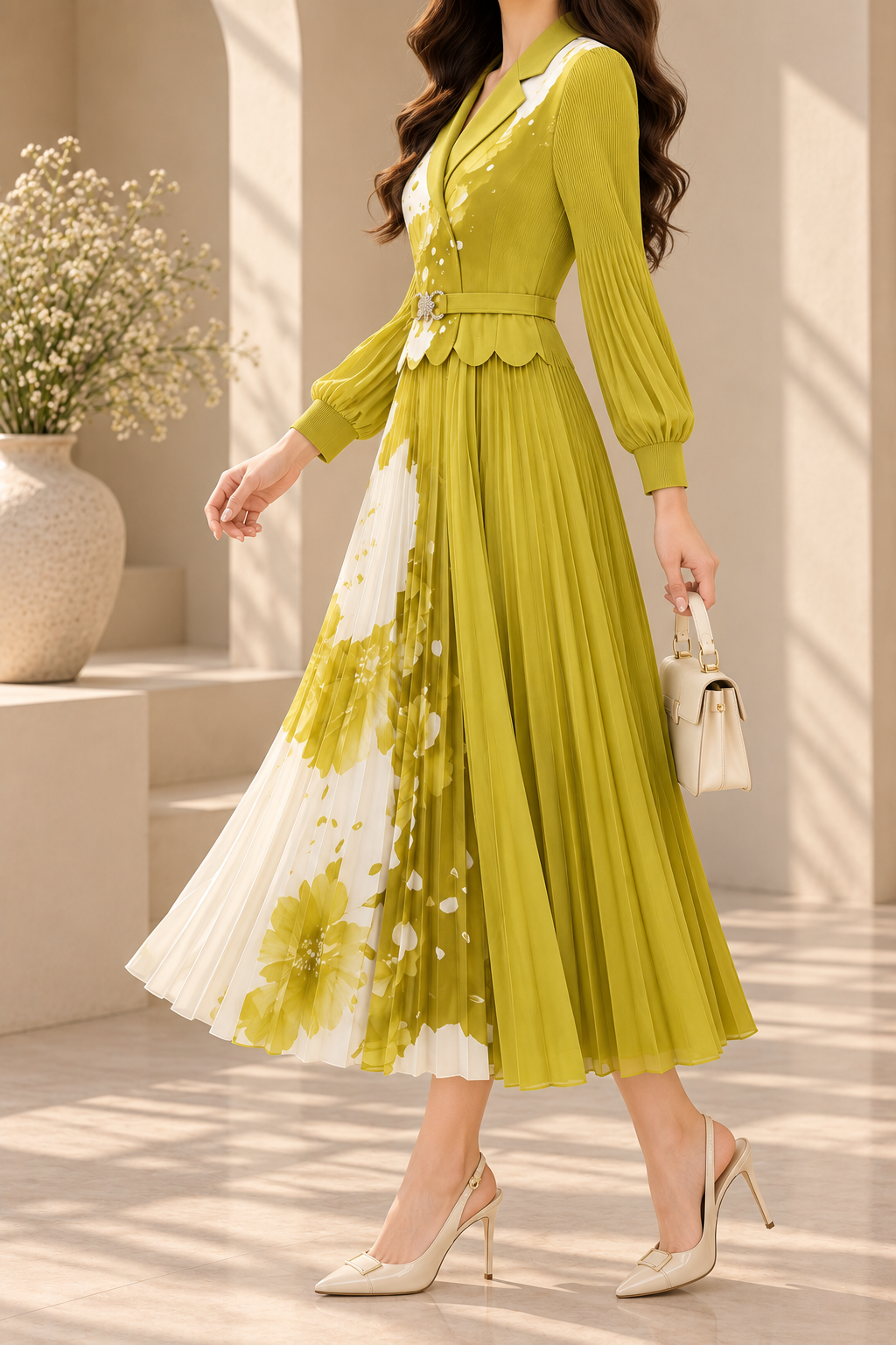 AA 0111 Lime Green & Ivory Floral Pleated Blazer Midi Dress