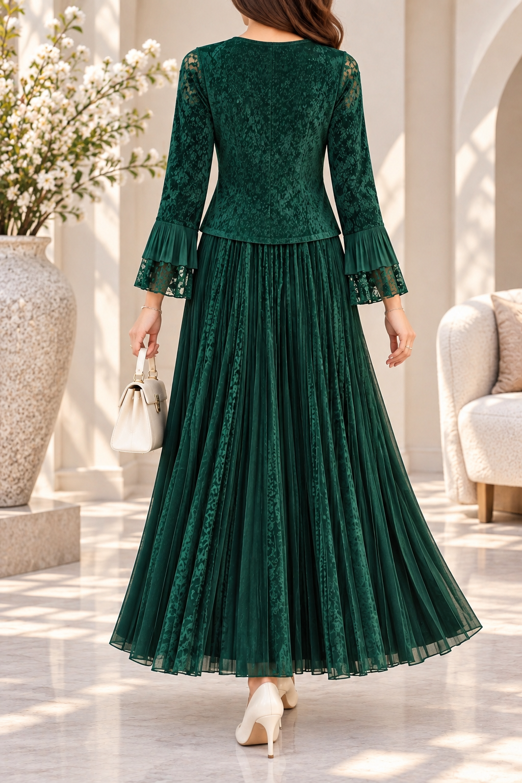 AA 0111 Emerald Green Velvet Pleated Maxi Dress