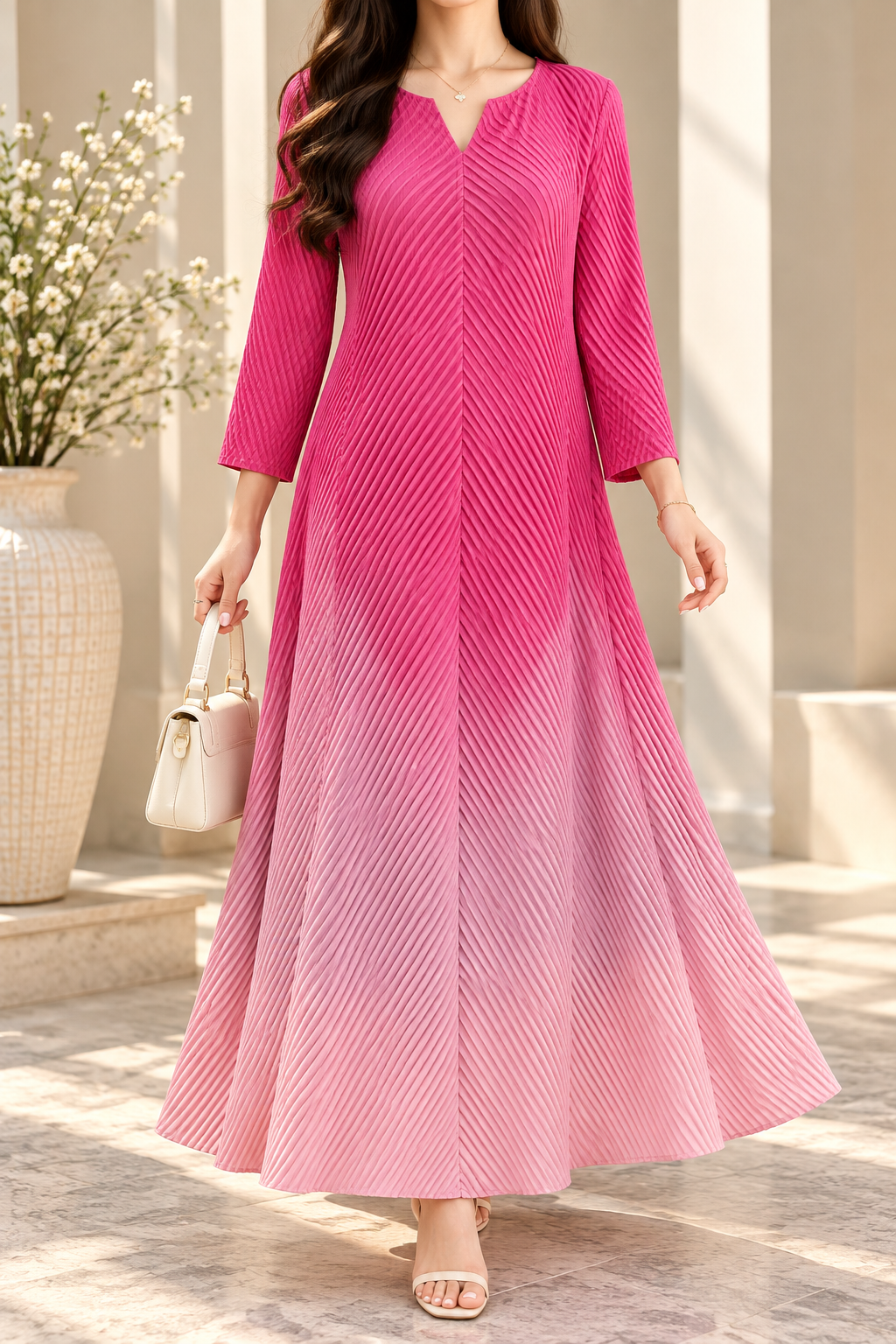 AA 0111 Hot Pink Pleated Flare Dress