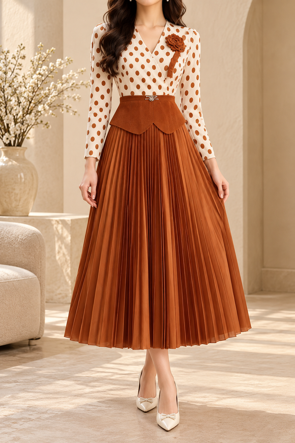 Polka Dot Peplum Pleated Midi Dress
