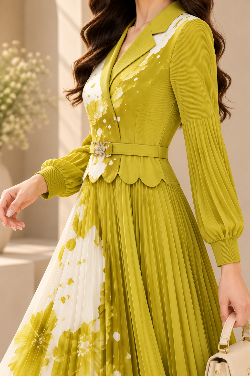AA 0111 Lime Green & Ivory Floral Pleated Blazer Midi Dress
