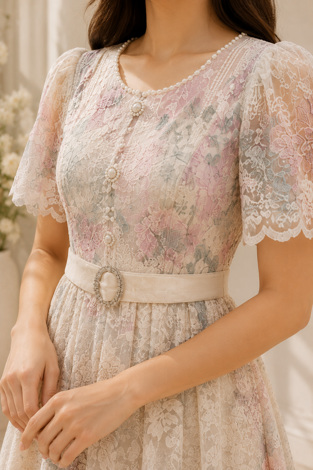 AA 0111F Blush Bloom Lace Midi Dress