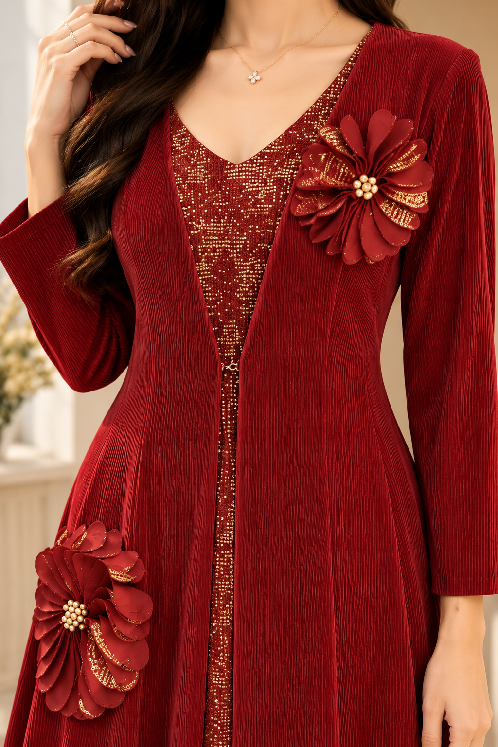 AA 0111 3D Floral Embellished Pleated Maxi Dress