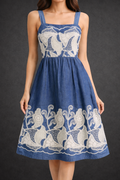 AP1948-Navy Blue Printed Fit & Flare Dress
