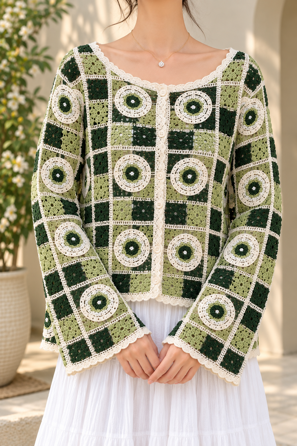 AA 0111 Floral Crochet Button-Up Cardigan