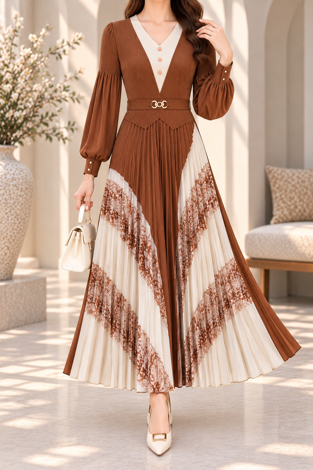 AA 0111 Brown & Ivory Pleated Maxi Dress