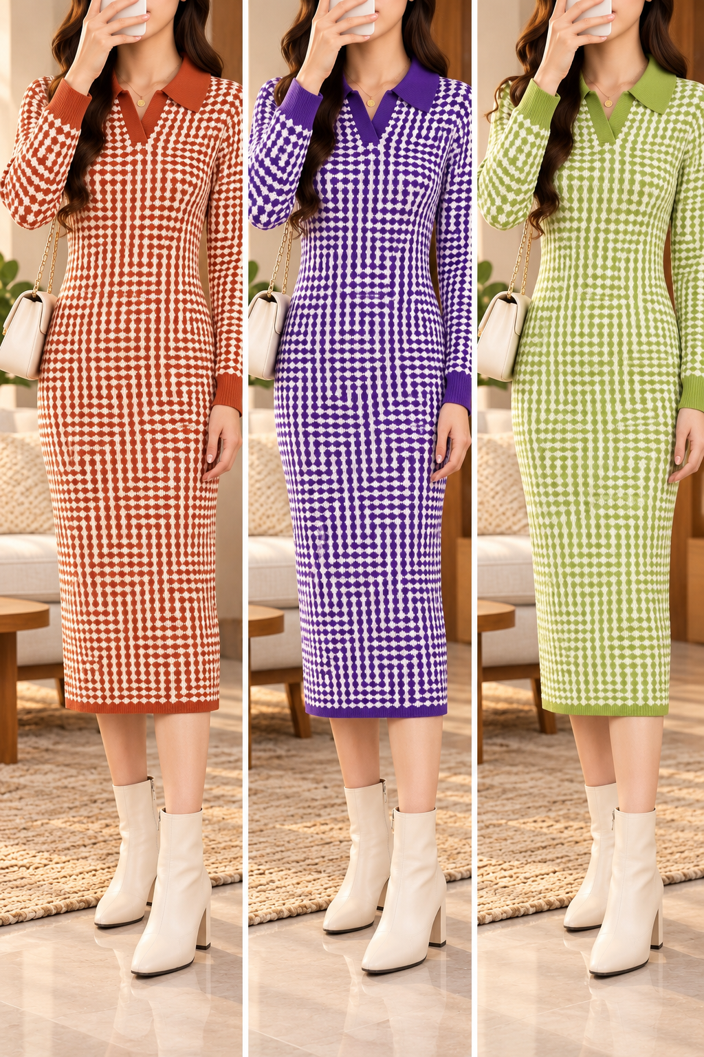 AA 011 Geometric Pattern Collared Knit Midi Dress