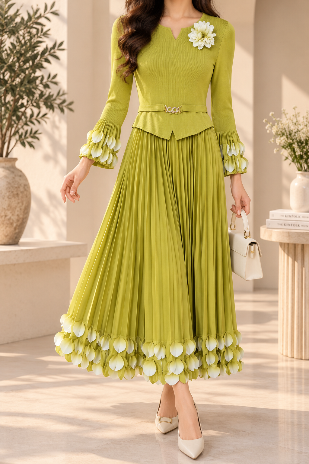 AA 0111 Lime Green Floral Pleated Midi Dress