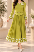 AA 0111 Lime Green Floral Pleated Midi Dress