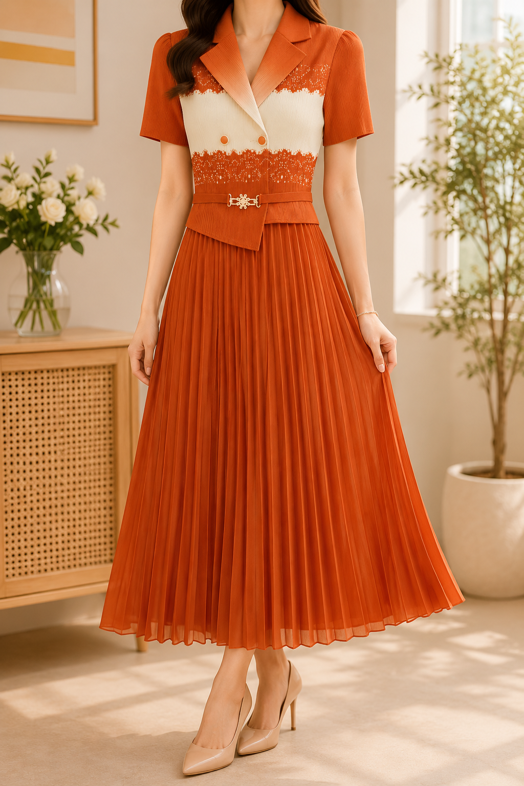 AA 0112F Elegance Pleated Midi Dress