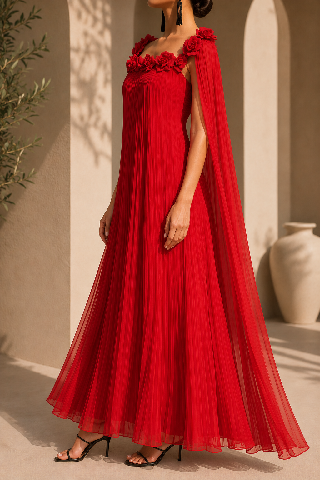 AA 0112C Pleated Cape Maxi Dress