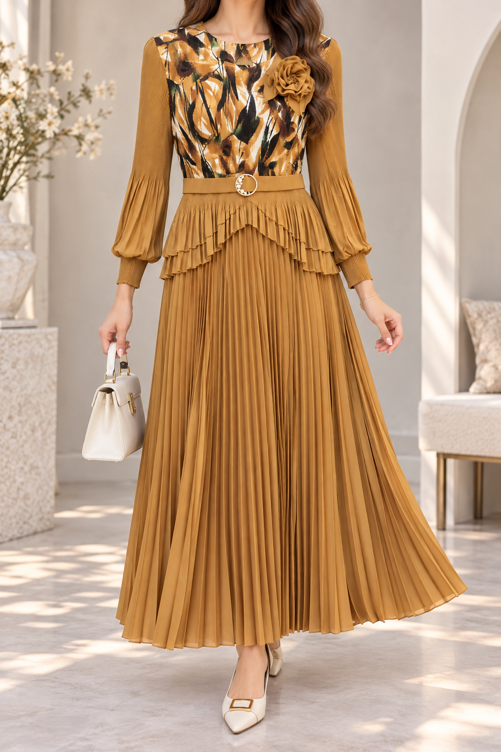 AA 0111 Mustard Floral Pleated Maxi Dress