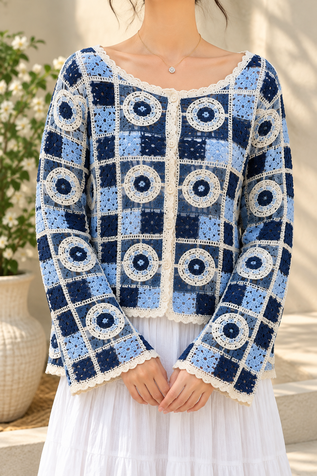 AA 0111 Floral Crochet Button-Up Cardigan