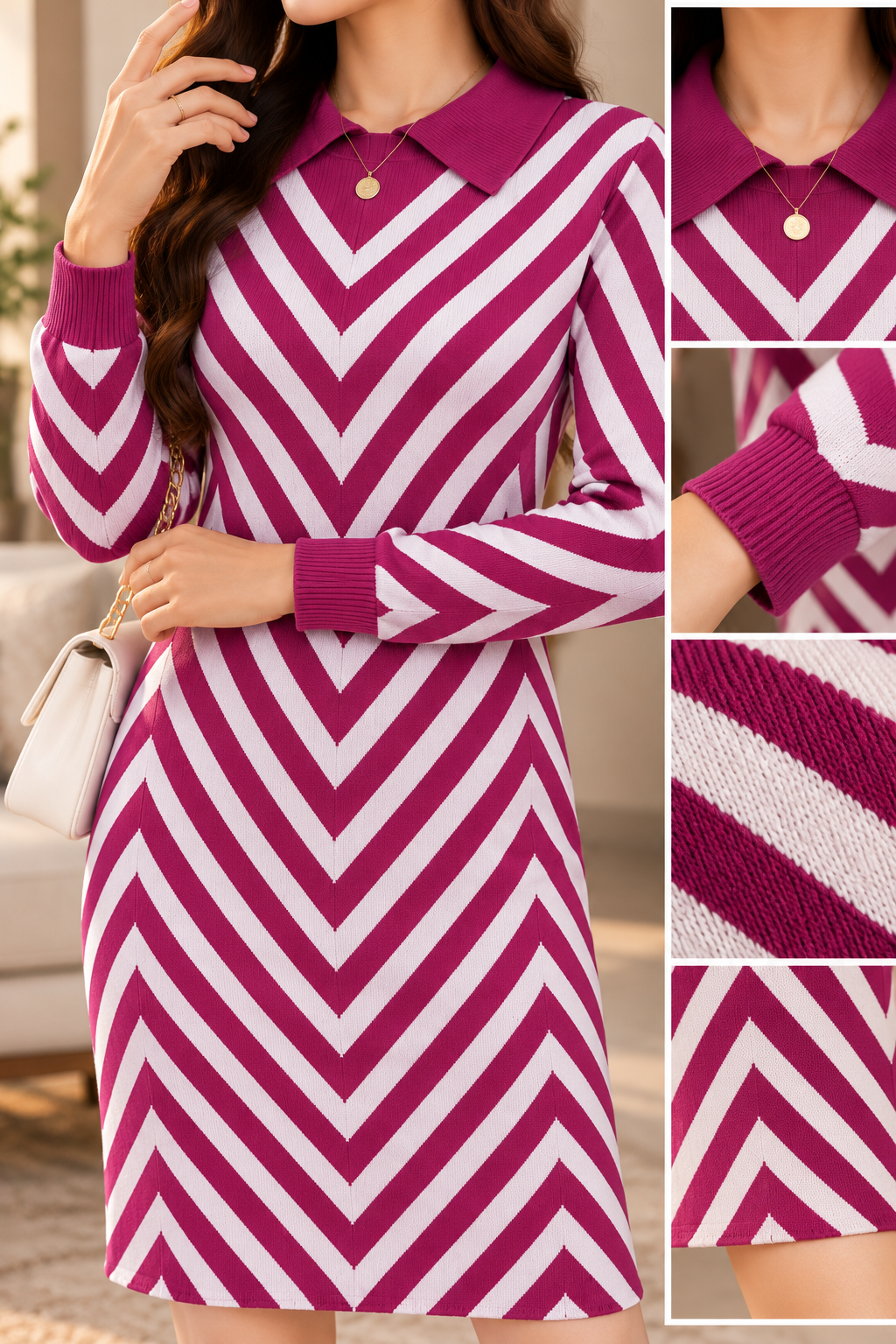 AA 011 Chevron Striped Collared Knit Midi Dress