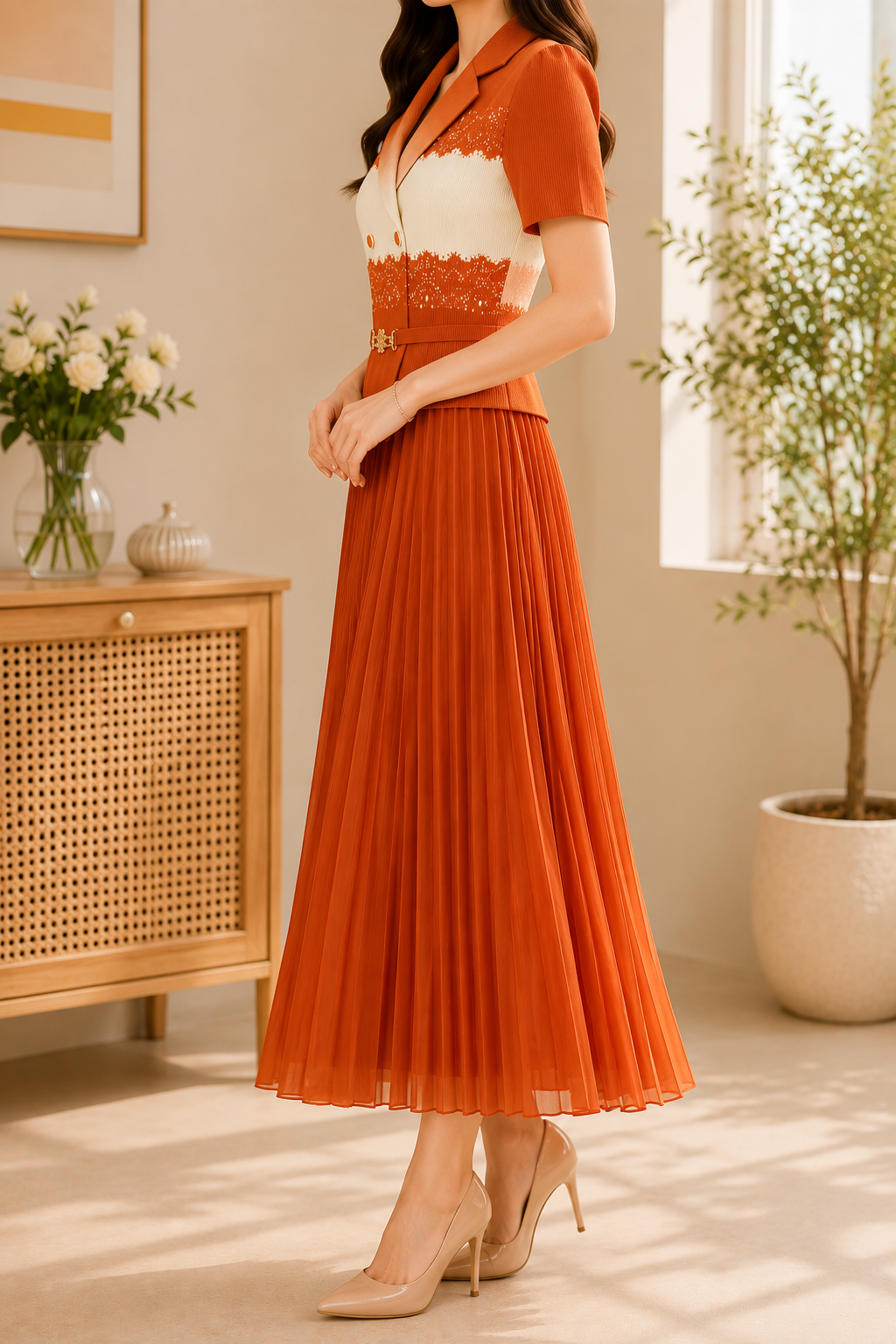 AA 0112F Elegance Pleated Midi Dress