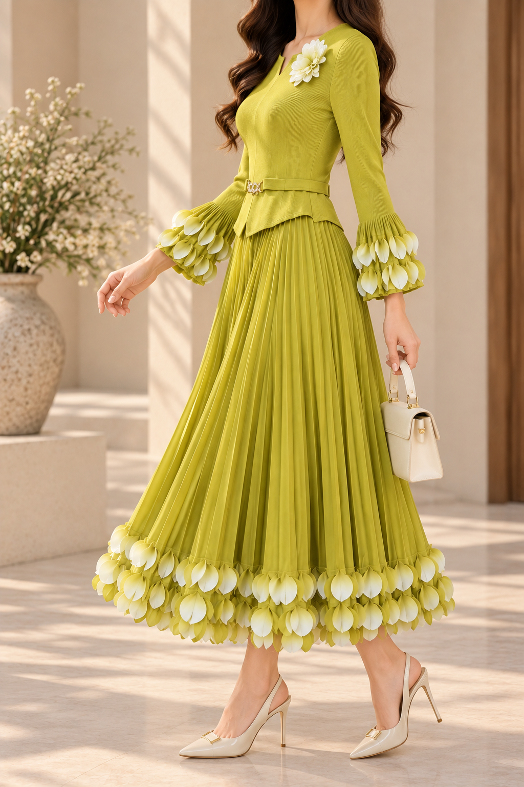 AA 0111 Lime Green Floral Pleated Midi Dress