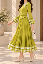 AA 0111 Lime Green Floral Pleated Midi Dress