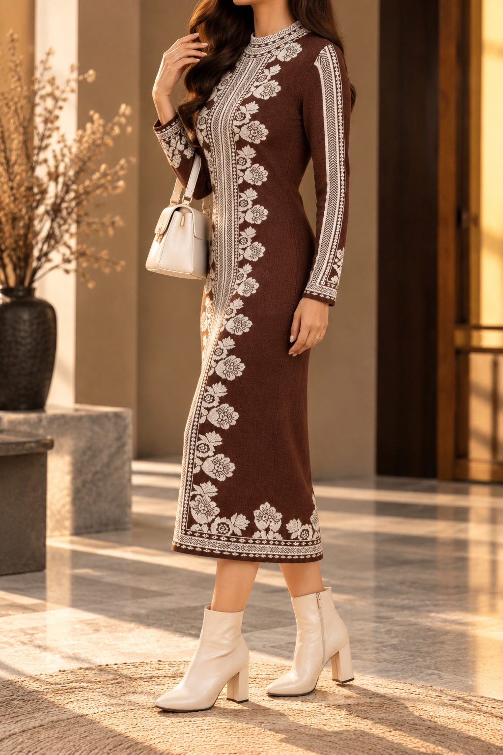 AA 011 Floral Embroidered High-Neck Midi Dress