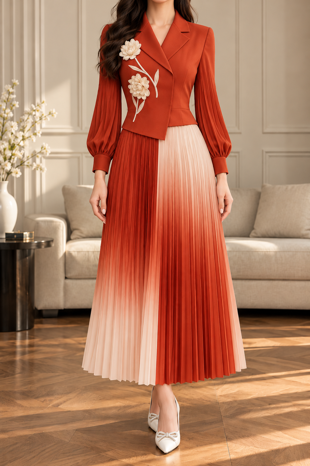 Ombre Floral Blazer Pleated Dress