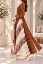 AA 0111 Brown & Ivory Pleated Maxi Dress