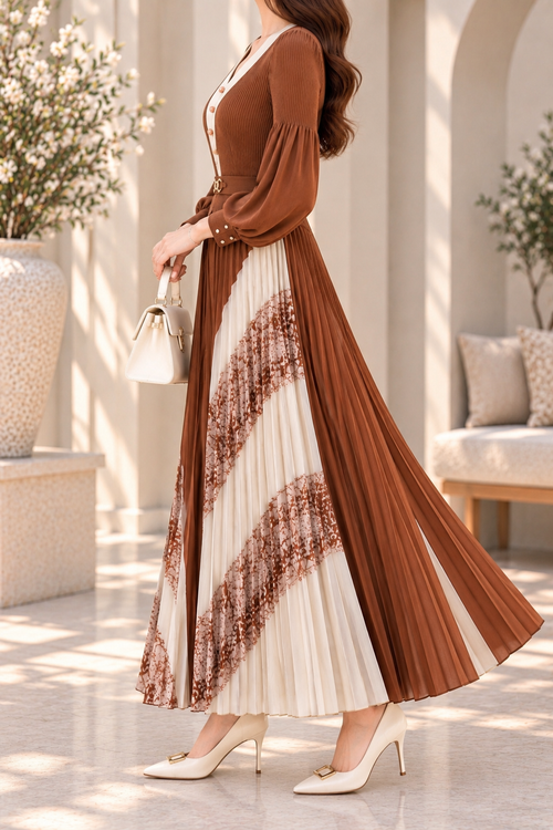 AA 0111 Brown & Ivory Pleated Maxi Dress