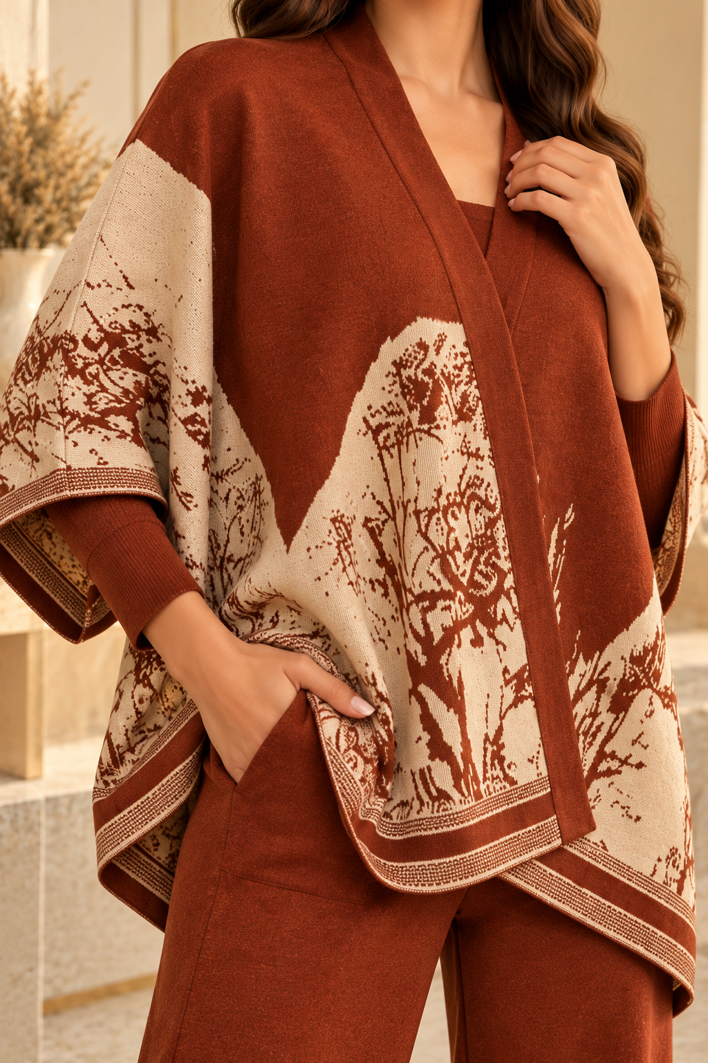 AA 011 Rustic Charm Printed Poncho Co-Ord Set