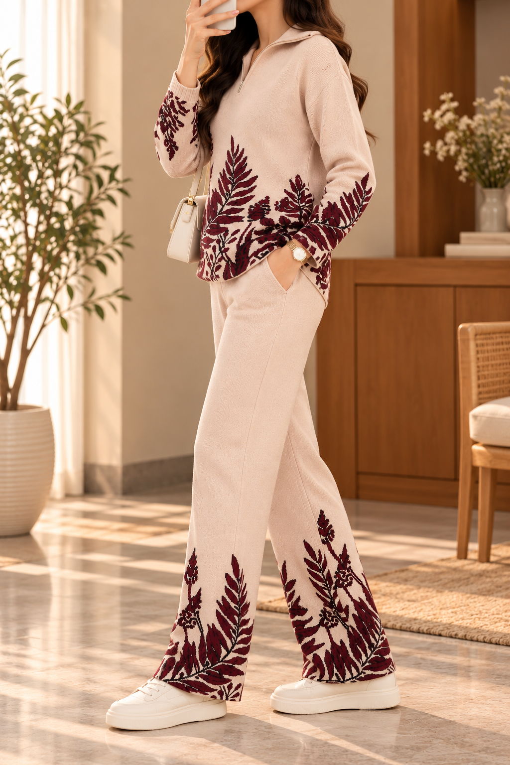 AA 011 Floral Print Quarter-Zip Knit Co-Ord Set