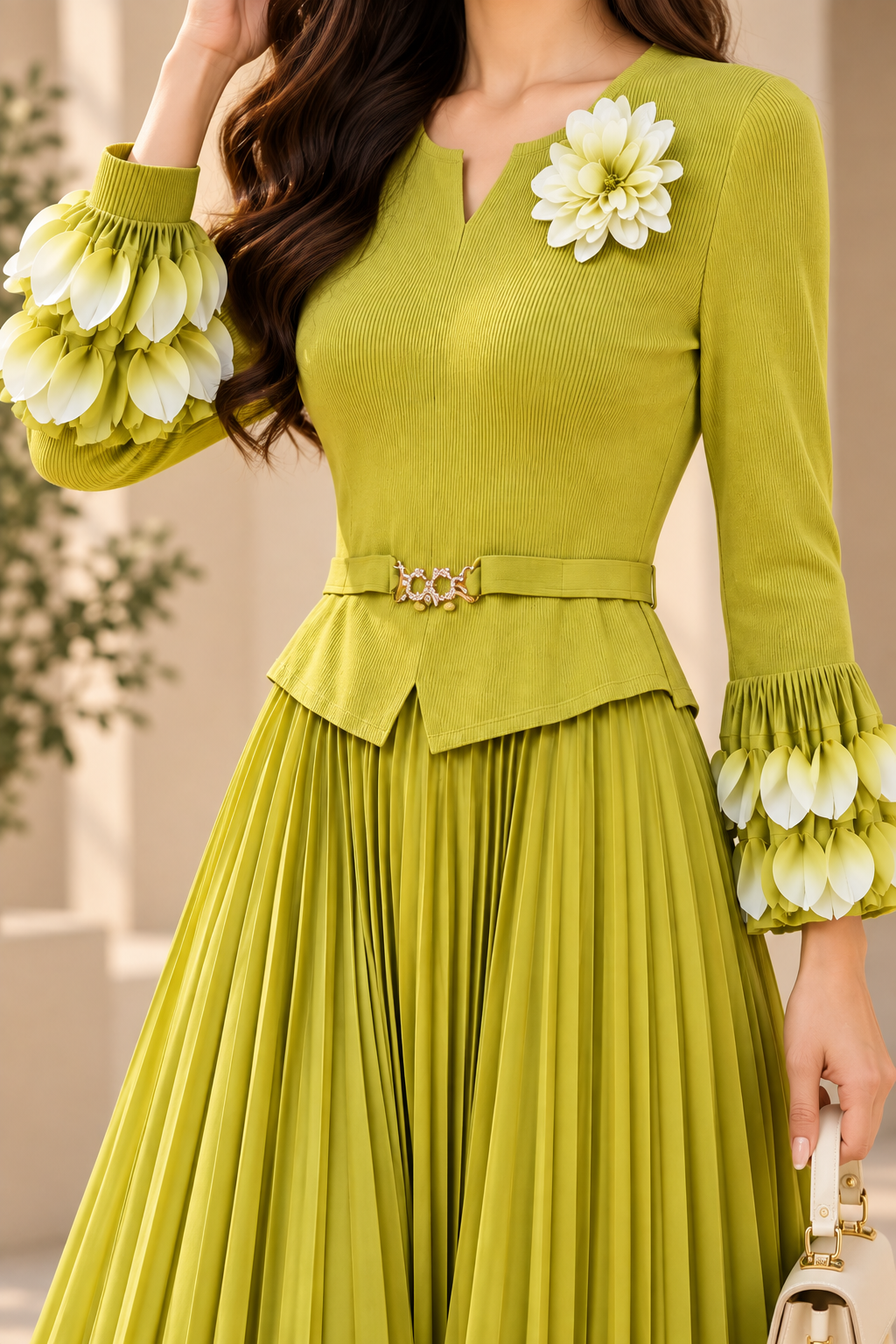 AA 0111 Lime Green Floral Pleated Midi Dress