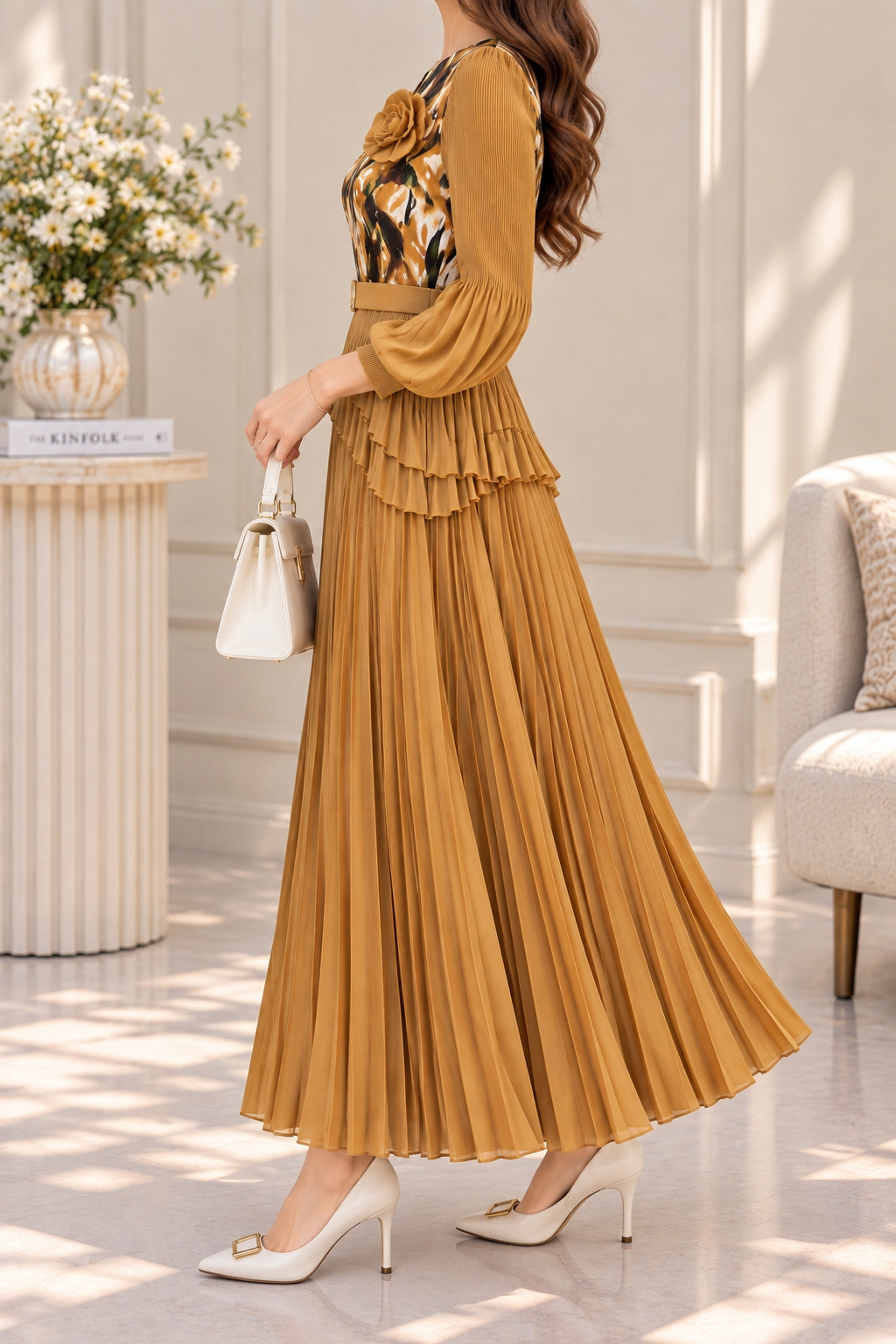 AA 0111 Mustard Floral Pleated Maxi Dress