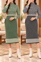 AA 011 Chevron Pattern High-Neck Knit Midi Dress