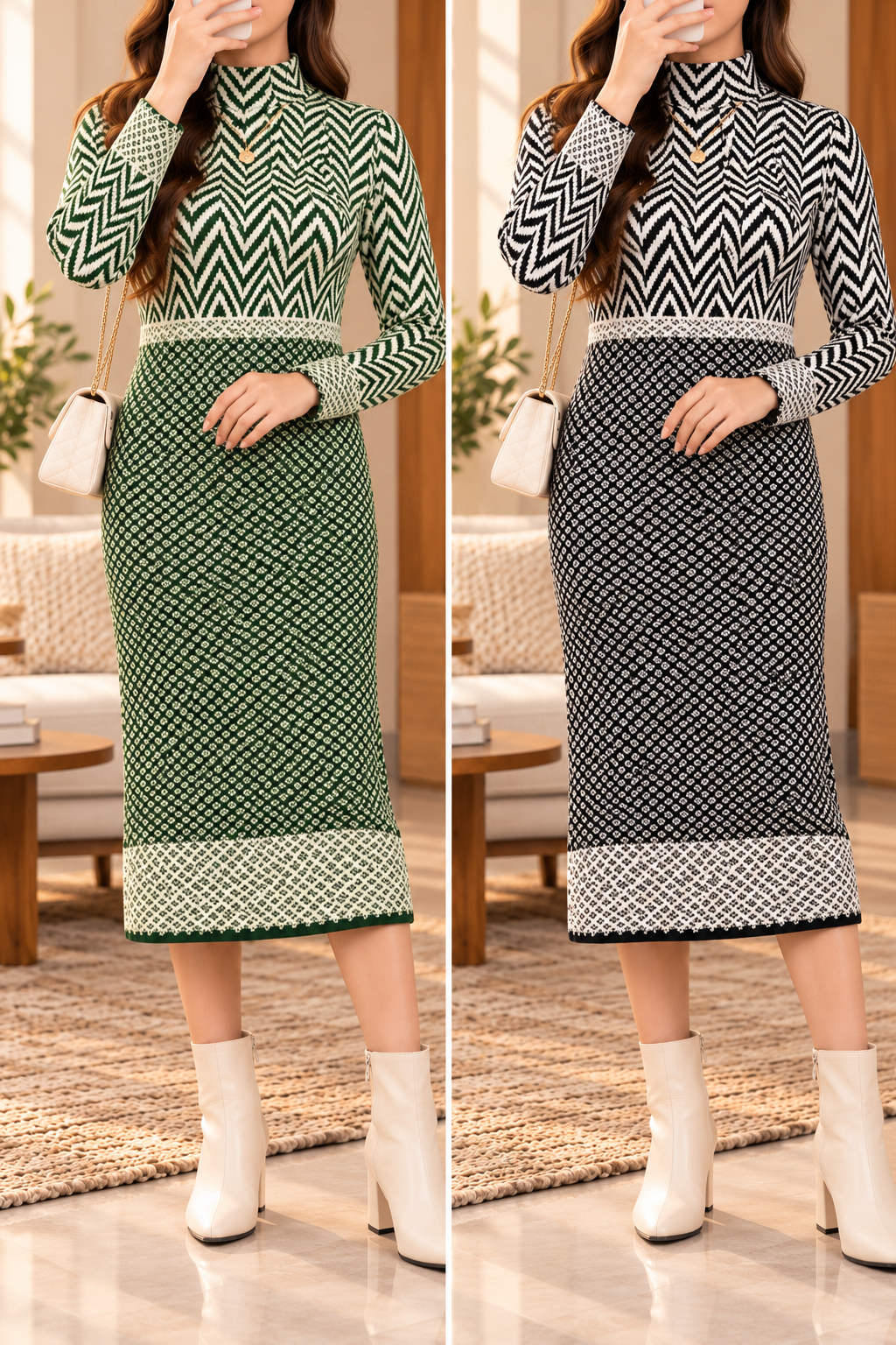 AA 011 Chevron Pattern High-Neck Knit Midi Dress