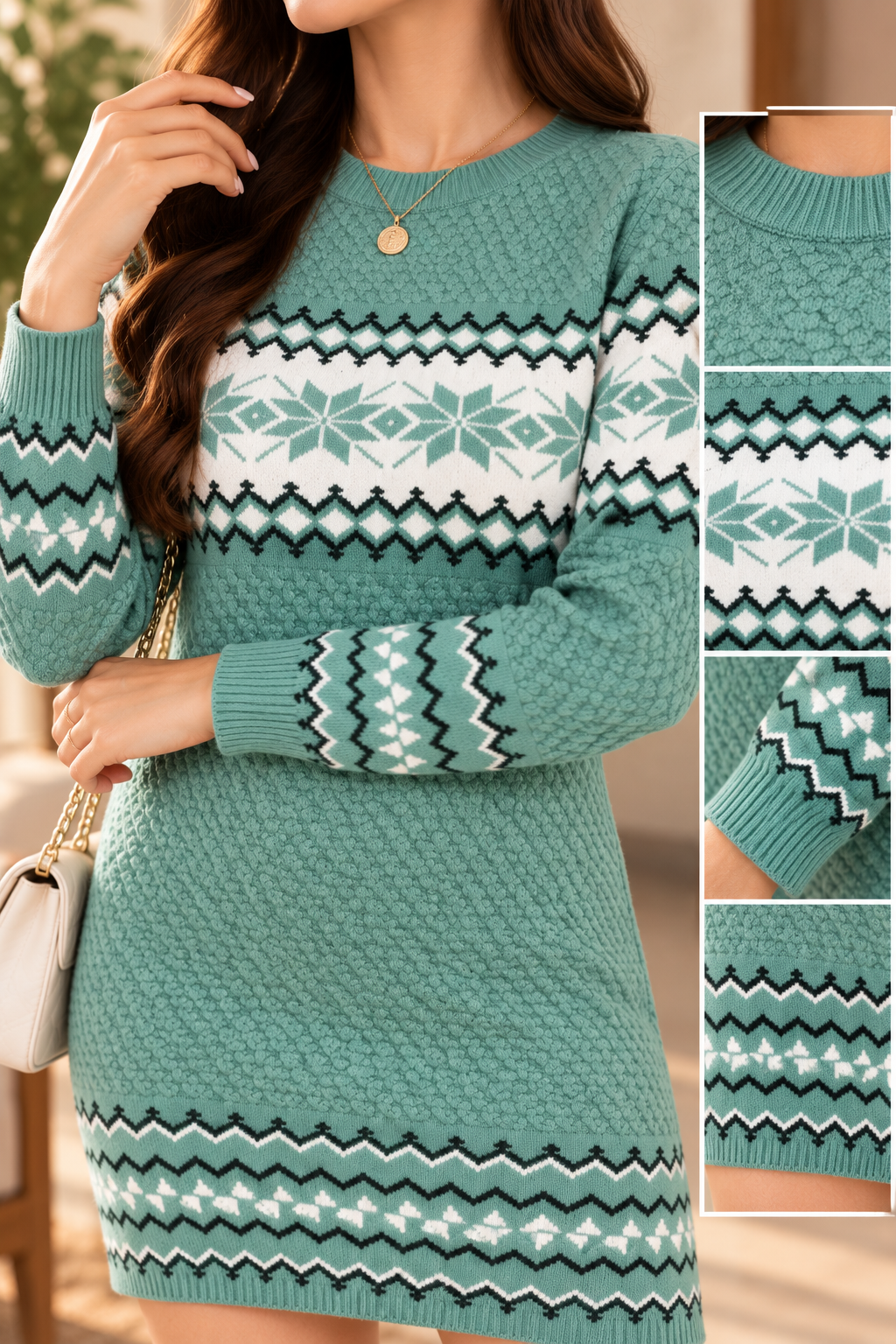 Fair Isle Textured Knit Sweater Dress