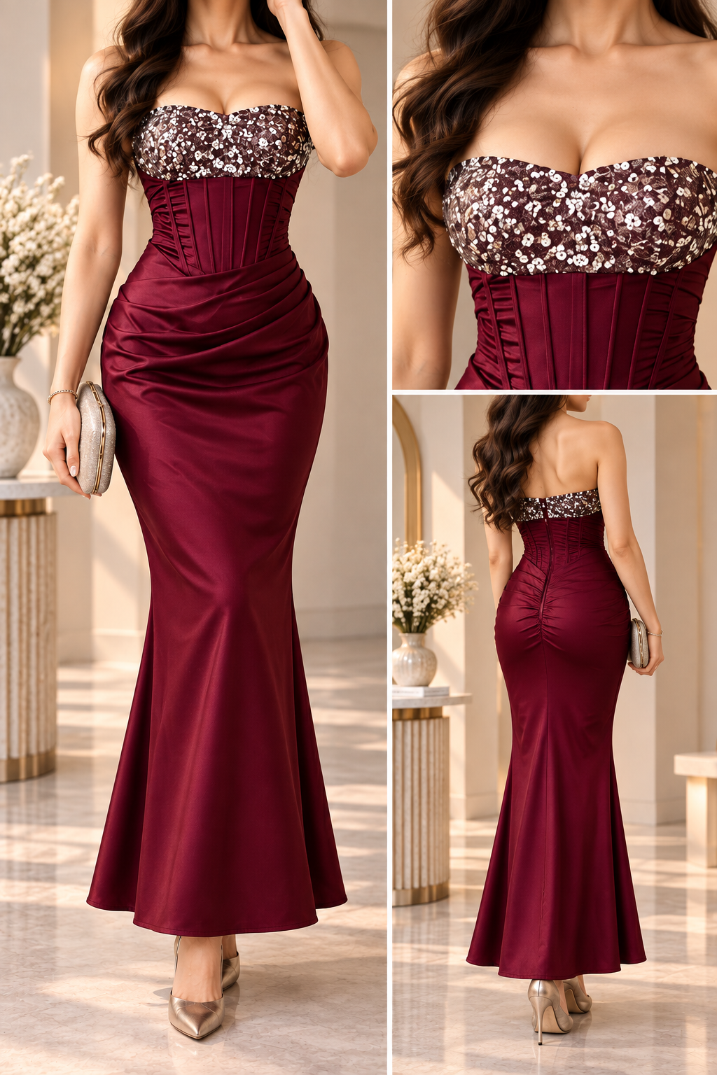 AA 0111 Elegant Sequin Corset Mermaid Maxi Dress