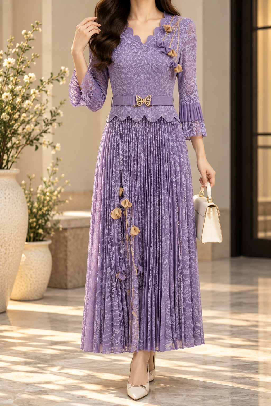 AA 0111 Elegant Lace Pleated Midi Dress