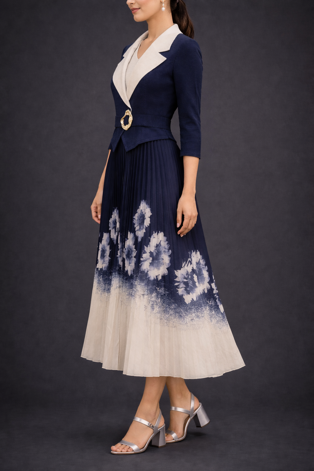 Navy Blue Magic Midi Dress with Statement Jacket Bodice