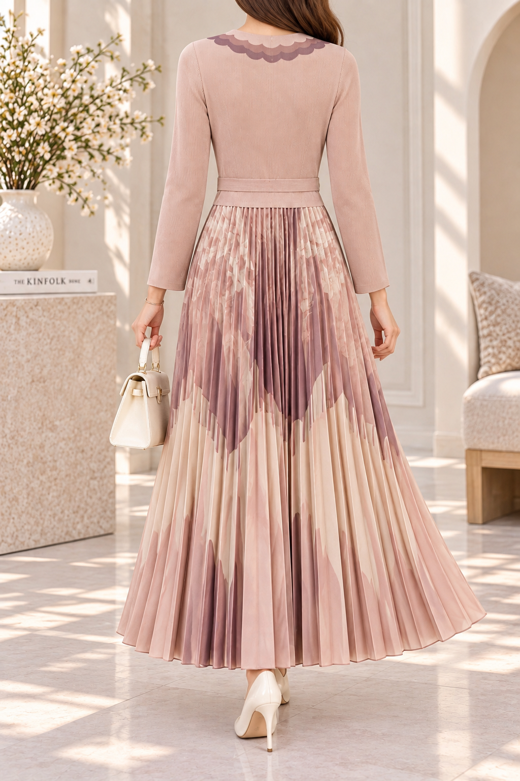 AA 0111 Blush Pink Printed Pleated Maxi Dress