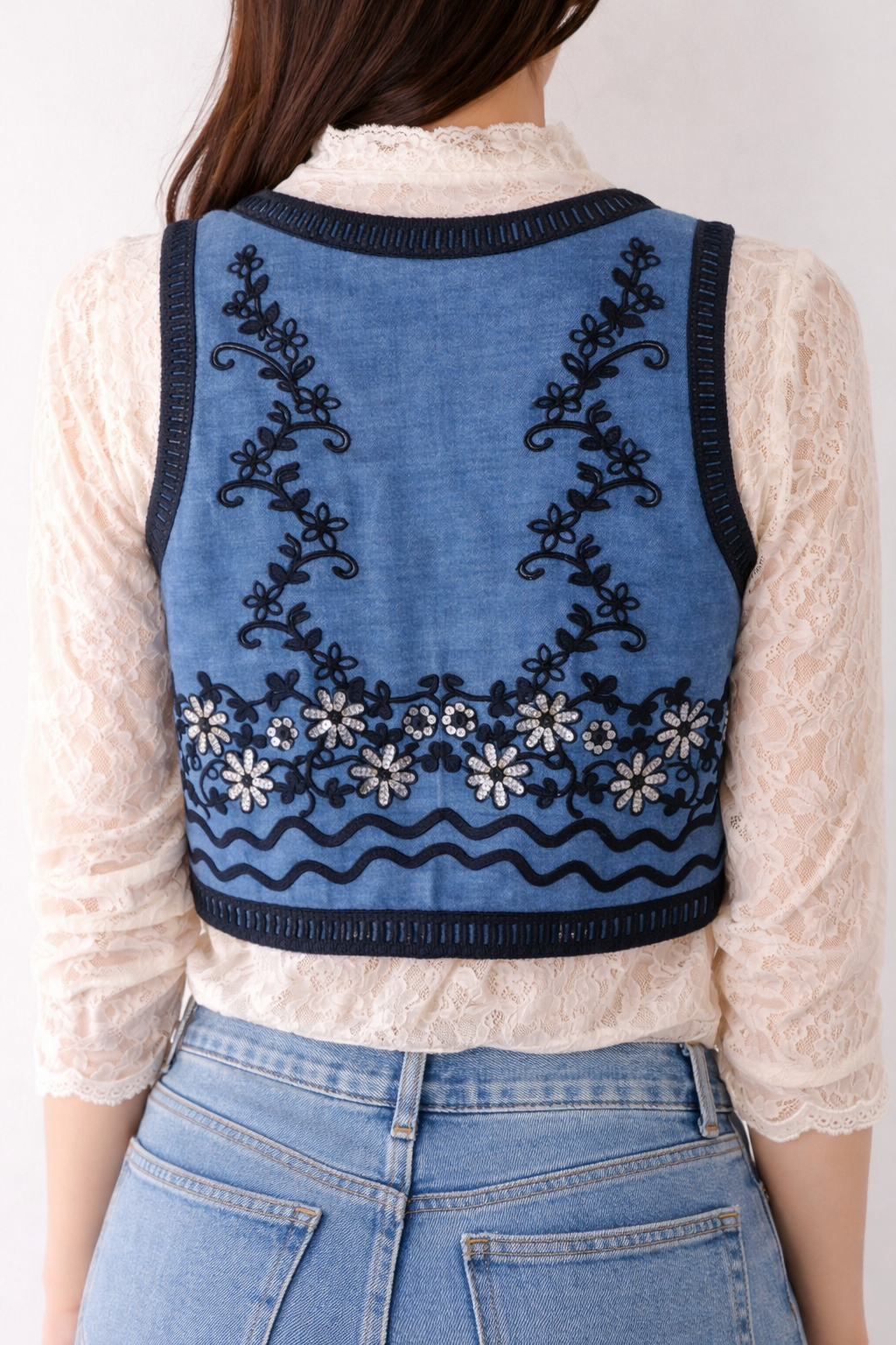 Az-17821 Lace & Bloom Denim Vest