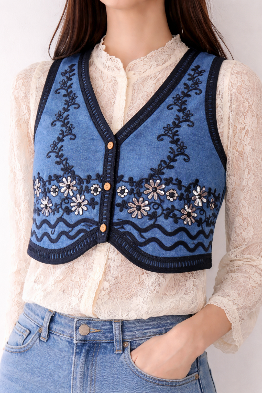 Az-17821 Lace & Bloom Denim Vest