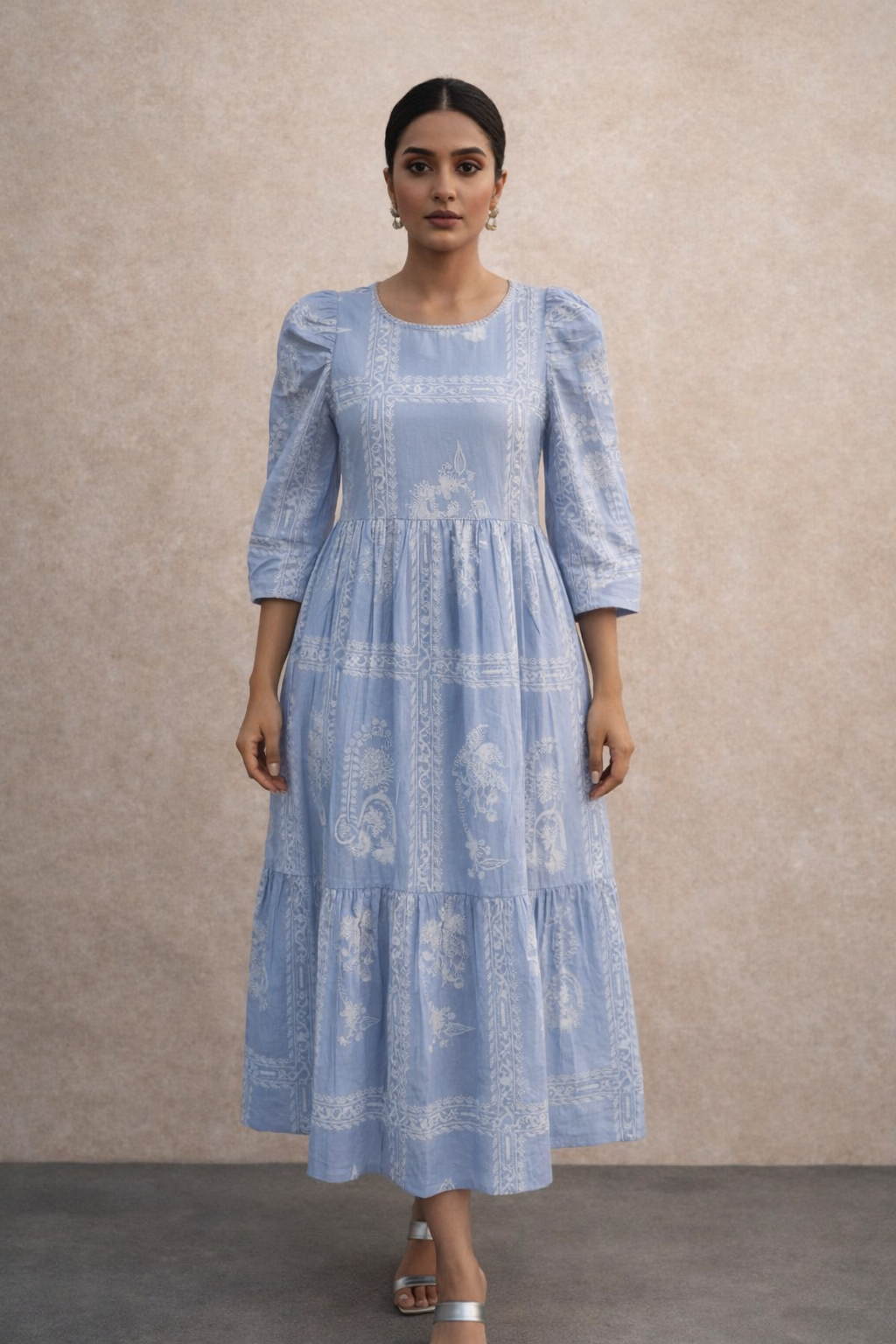Elegant Powder Blue Printed Midi Dress
