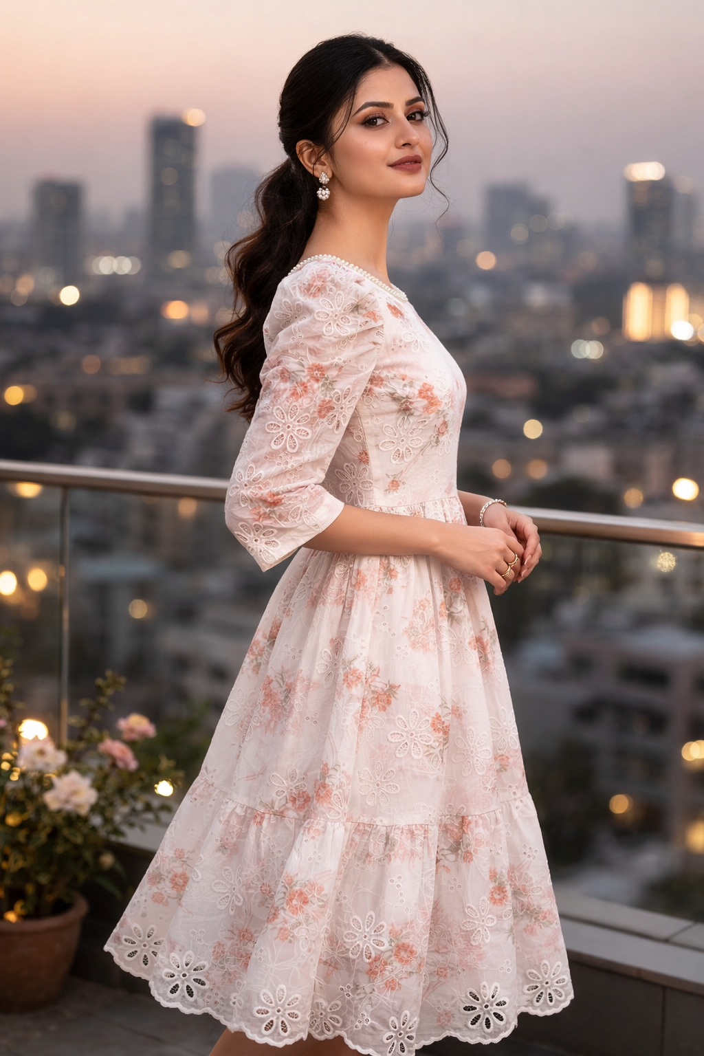 Ivory Floral Embroidered Midi Dress