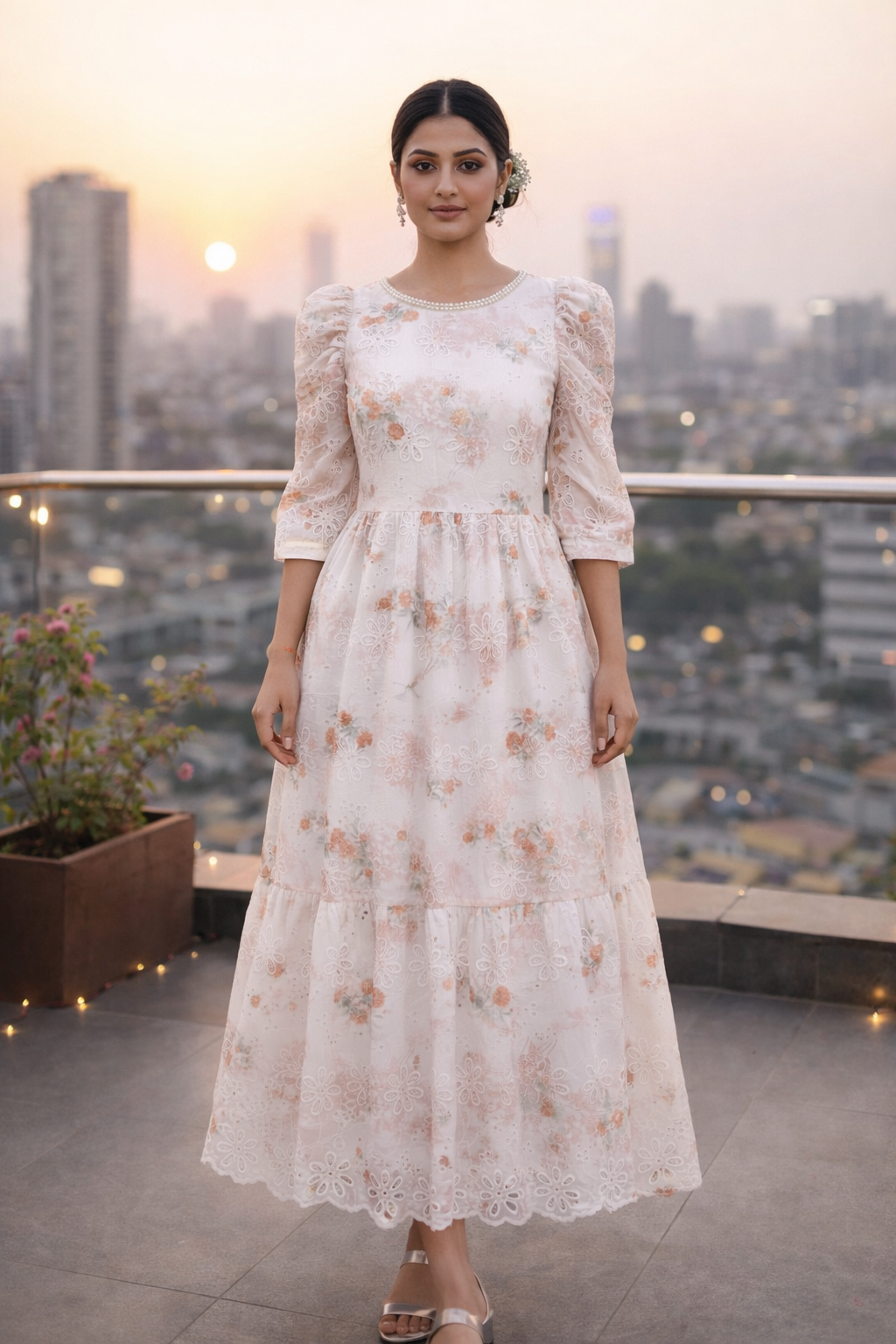 Ivory Floral Embroidered Midi Dress
