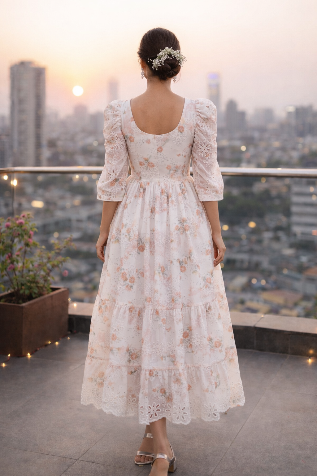 Ivory Floral Embroidered Midi Dress