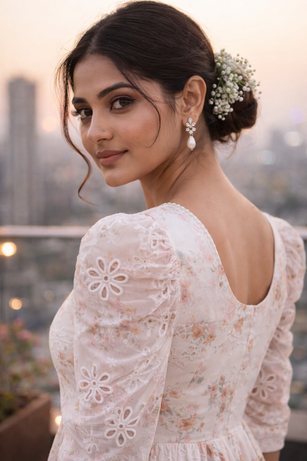 Ivory Floral Embroidered Midi Dress