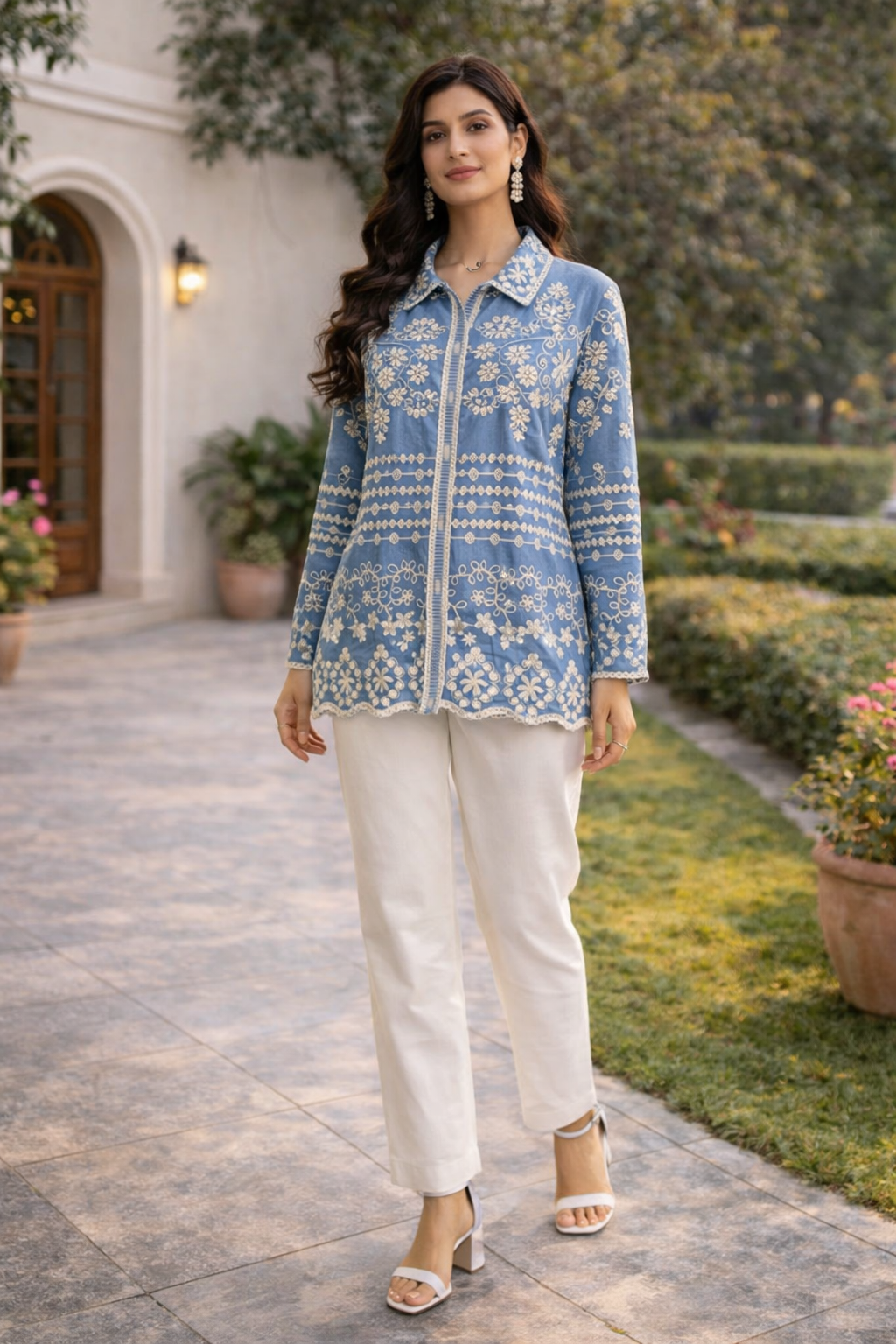 Embroidered Denim-Feel Shirt Top