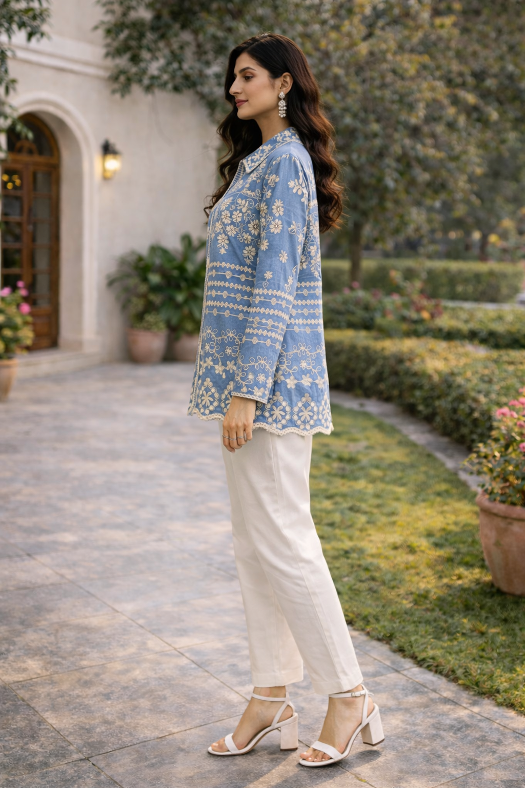 Embroidered Denim-Feel Shirt Top