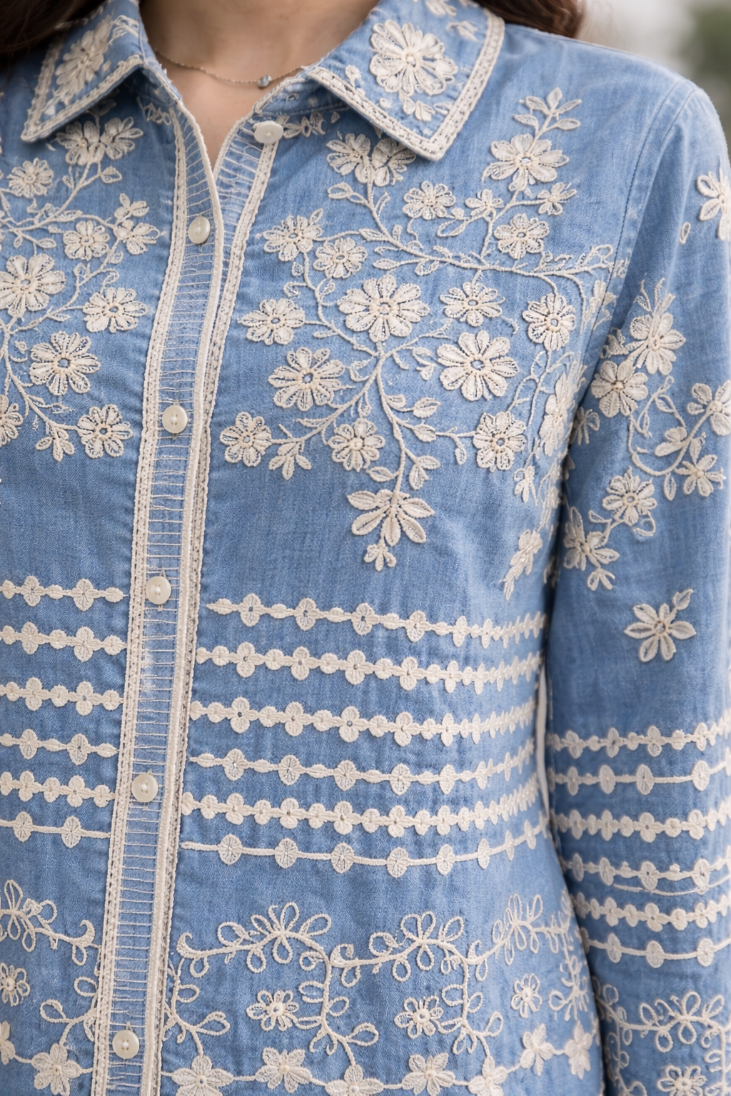 Embroidered Denim-Feel Shirt Top