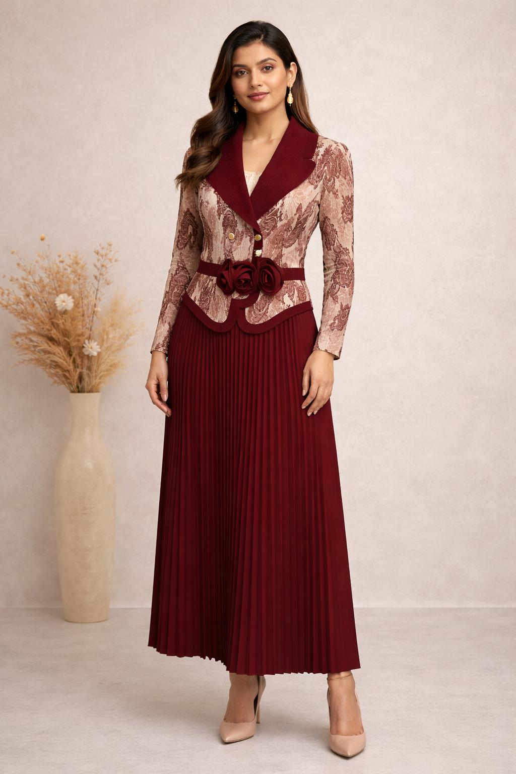 AP1205-Ruby Royale Pleated Dress