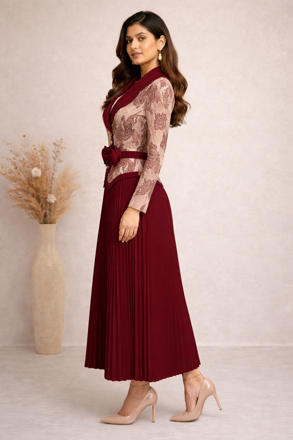 AP1205-Ruby Royale Pleated Dress
