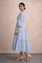 Elegant Powder Blue Printed Midi Dress